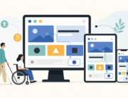 Abstract website layouts adapting across desktop, tablet, and phone with high-contrast controls and inclusive navigation cues.