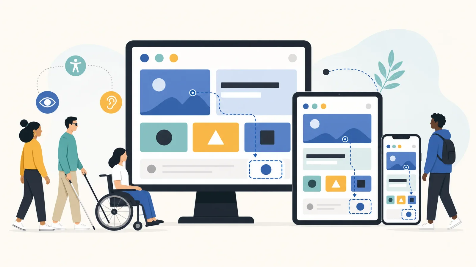 Abstract website layouts adapting across desktop, tablet, and phone with high-contrast controls and inclusive navigation cues.