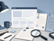Abstract browser window beside reviewed source documents, magnifying glass, and desk lamp in blue and charcoal tones.