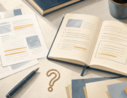 Illustrated desk with an open notebook, highlighted source pages, pen, and question-mark motif.