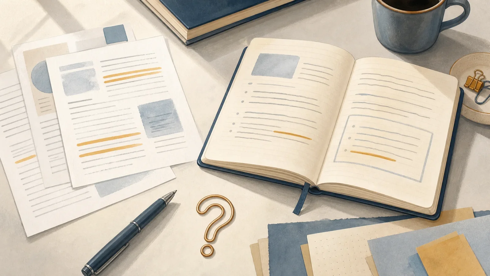 Illustrated desk with an open notebook, highlighted source pages, pen, and question-mark motif.