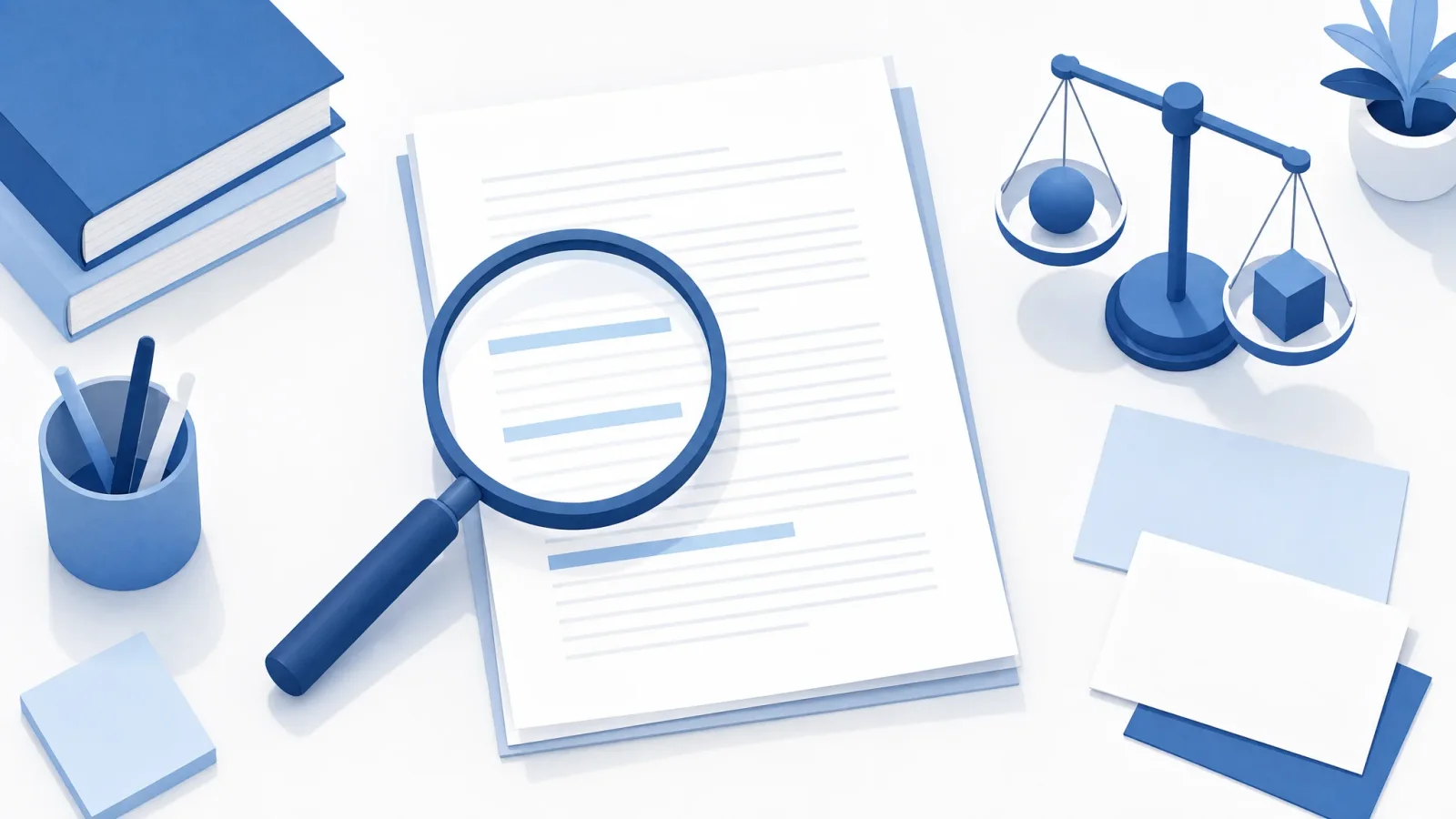 Magnifying glass, blank research notes, and balanced shapes on an editorial desk.
