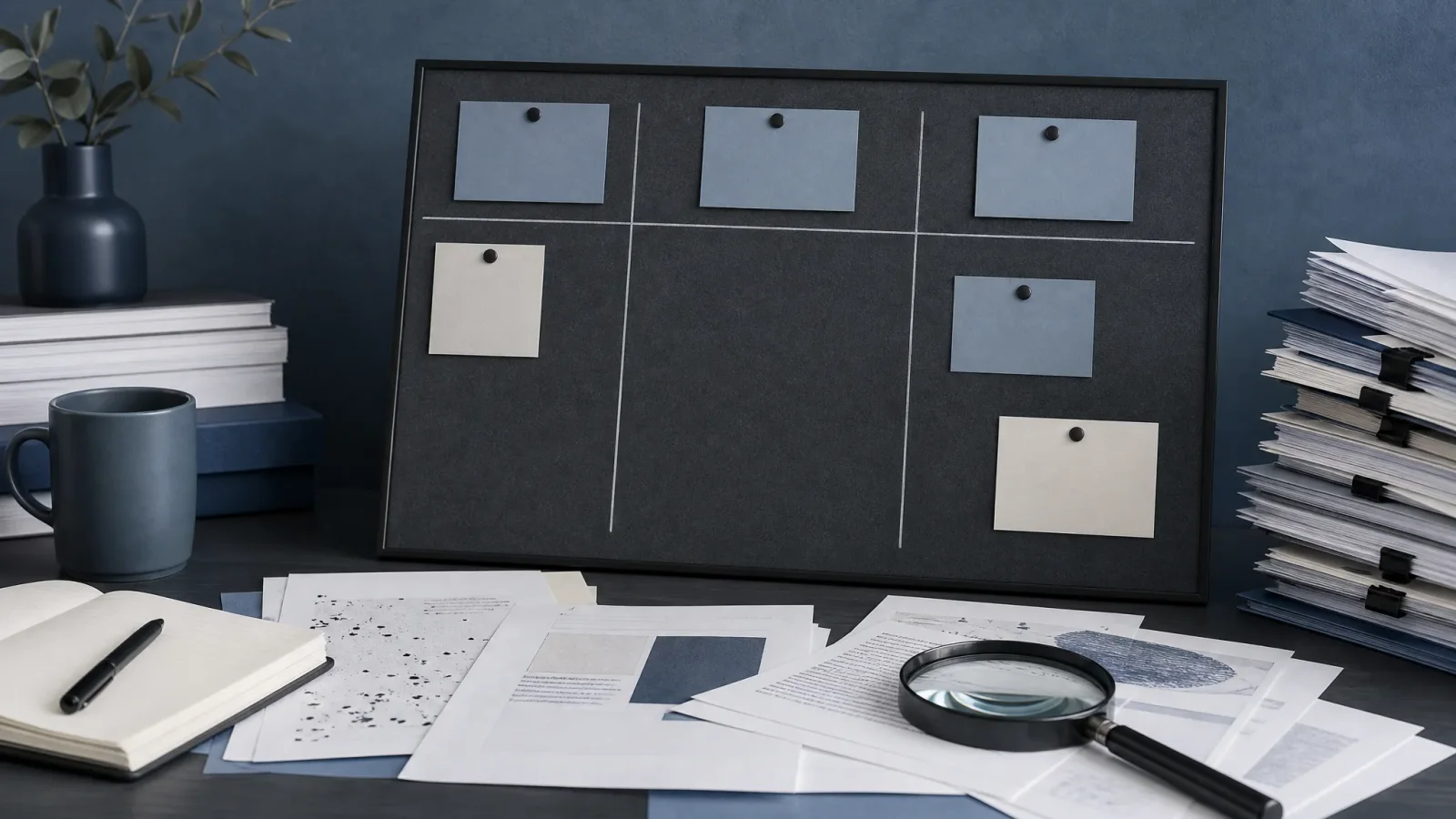 Incomplete unmarked planning board with research papers and a magnifying glass on a blue-gray desk.