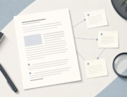 Editorial workspace with a document, subtle connecting lines, and a magnifying glass for careful review.