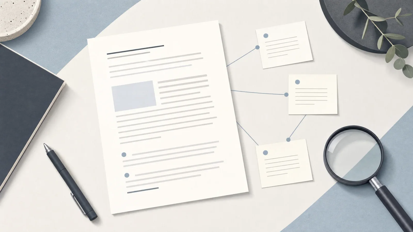 Editorial workspace with a document, subtle connecting lines, and a magnifying glass for careful review.