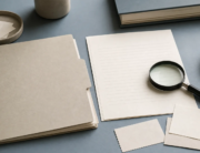 Unfilled research folder, draft page, and magnifying glass on a desk for evidence review.