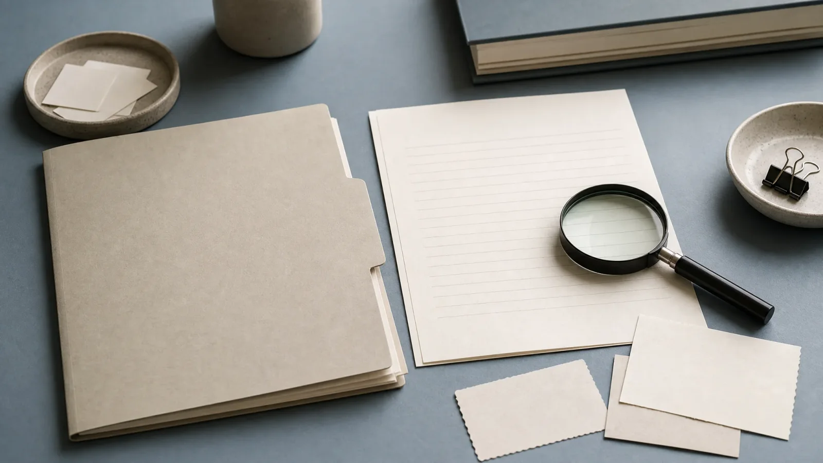 Unfilled research folder, draft page, and magnifying glass on a desk for evidence review.