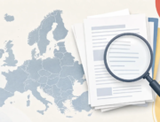 A Europe silhouette, unbranded policy papers, and a magnifying glass in muted multicolor accents.