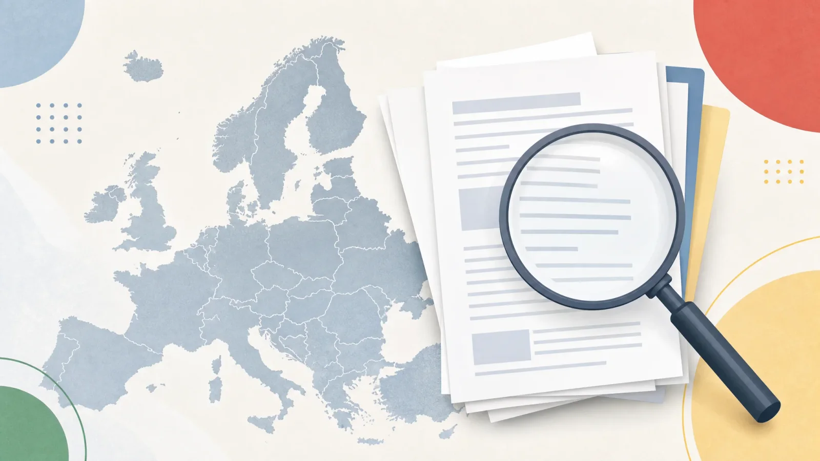 A Europe silhouette, unbranded policy papers, and a magnifying glass in muted multicolor accents.