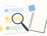 Illustrated documentation sheet with highlighted sections, a magnifying glass, and a note-taking pad.