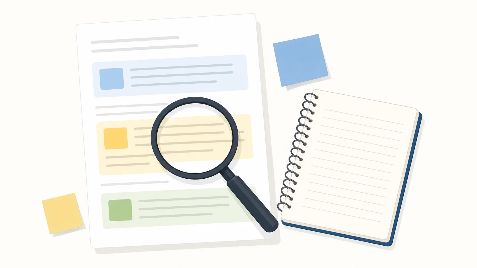 Illustrated documentation sheet with highlighted sections, a magnifying glass, and a note-taking pad.