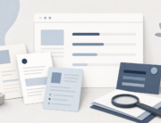 Abstract desk scene with layered documents, a browser-window outline, and unlabeled loading bars in blue and slate.