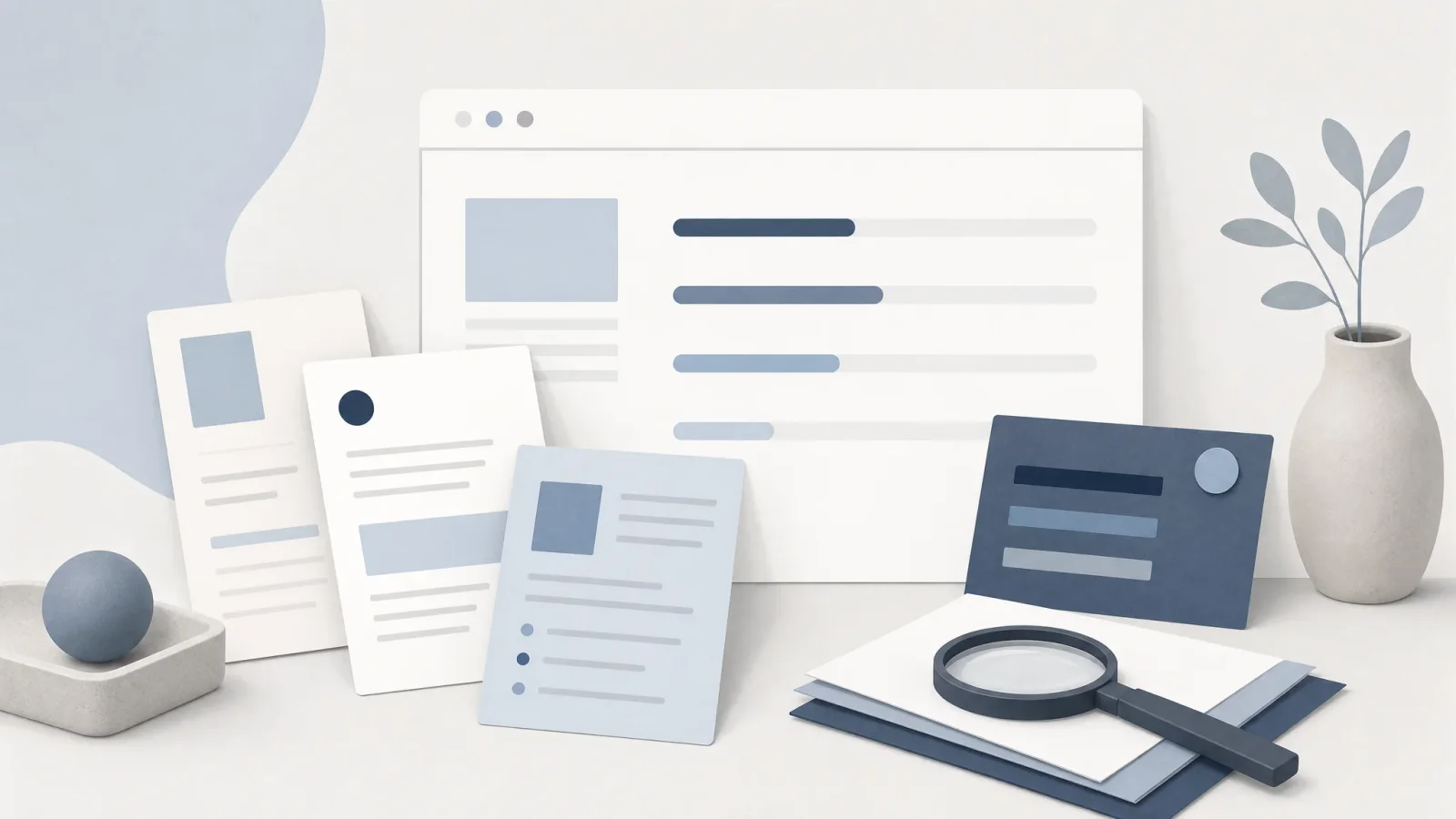 Abstract desk scene with layered documents, a browser-window outline, and unlabeled loading bars in blue and slate.