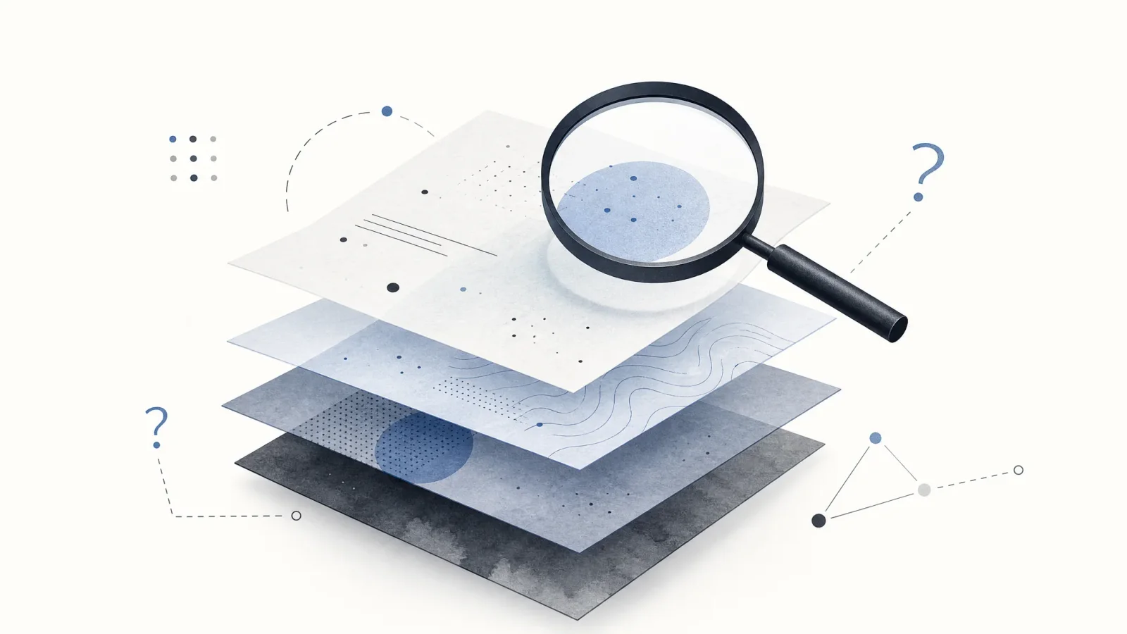Layered abstract documents under a magnifying glass, suggesting evidence review and open technical questions.