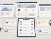 Abstract website evaluation workspace with browser shapes, a symbolic checklist, and cards for capabilities, support, limitations, and evidence.