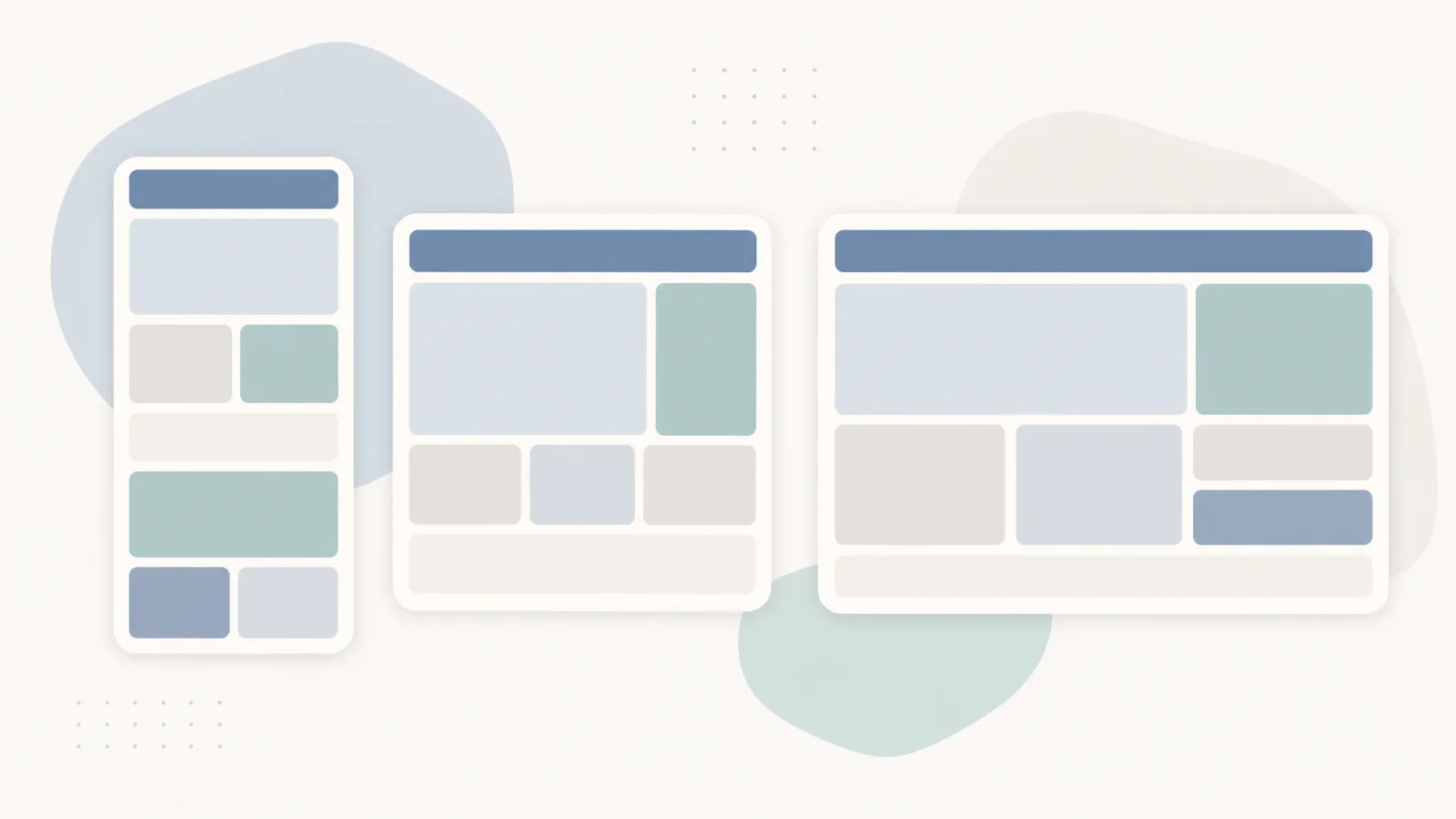 Abstract page panels rearranging across rounded screen shapes in muted neutral colours.