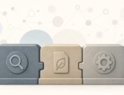Three connected foundation blocks with search, content, and technical symbols.