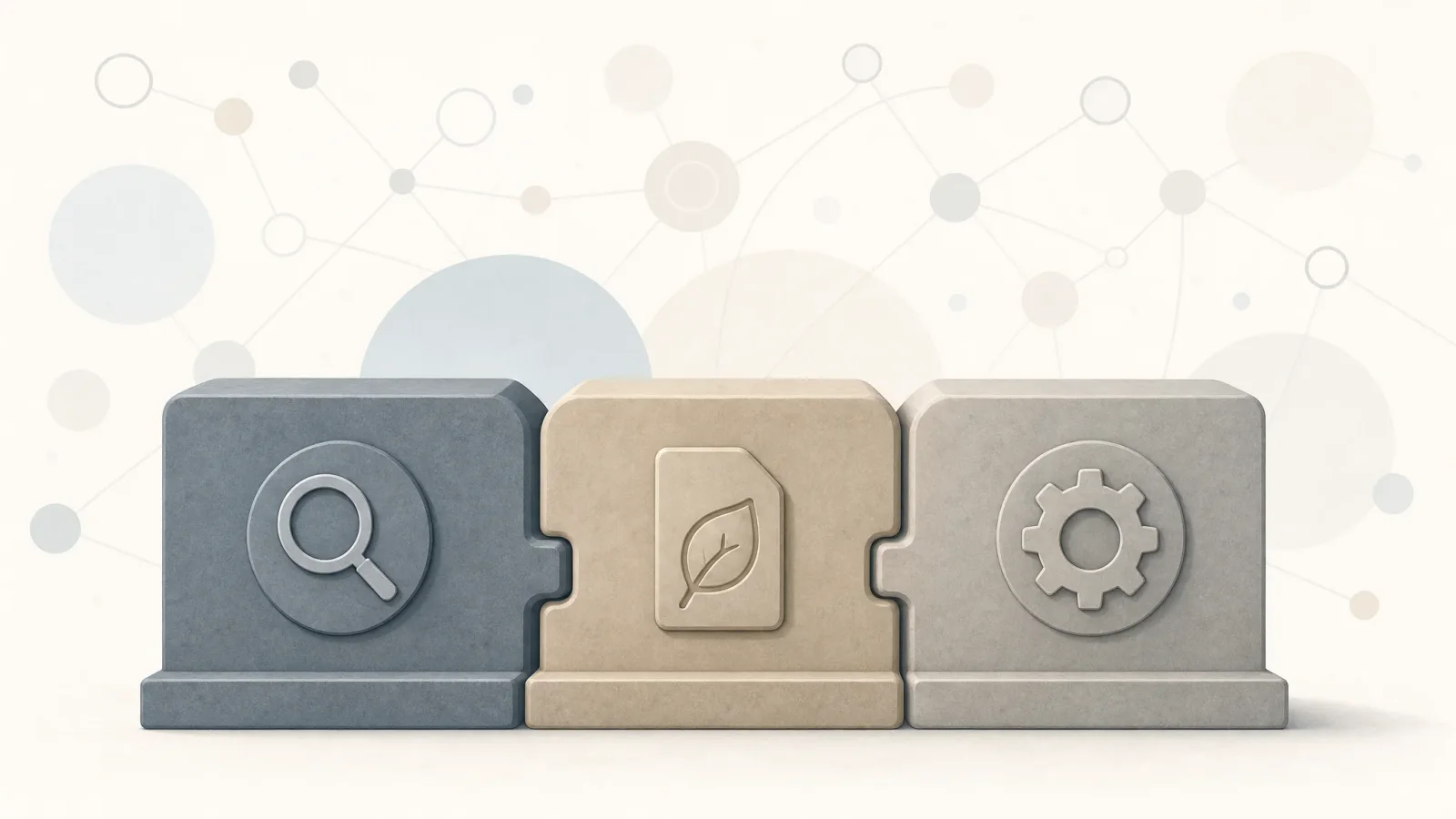 Three connected foundation blocks with search, content, and technical symbols.