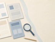 Abstract source documents on a desk separated from open space by a subtle evidence boundary.
