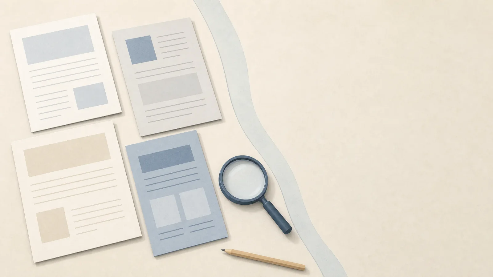 Abstract source documents on a desk separated from open space by a subtle evidence boundary.