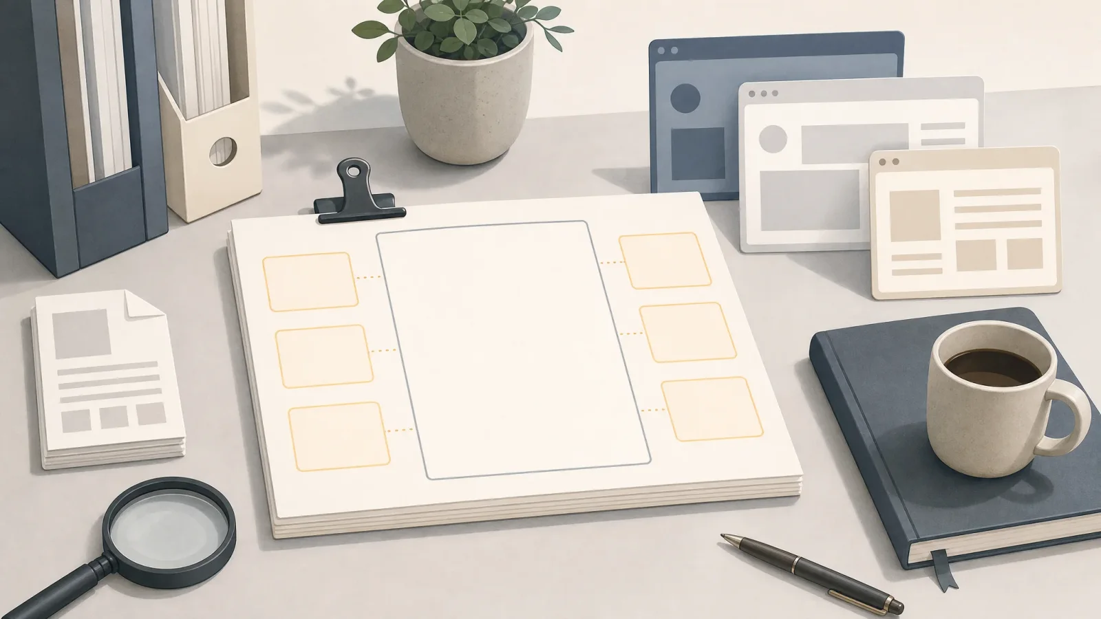 Blank research brief with highlighted reference fields beside abstract document and browser shapes.
