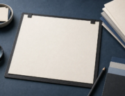 Blank planning board, magnifying glass, and neatly arranged documents on an editorial workspace.