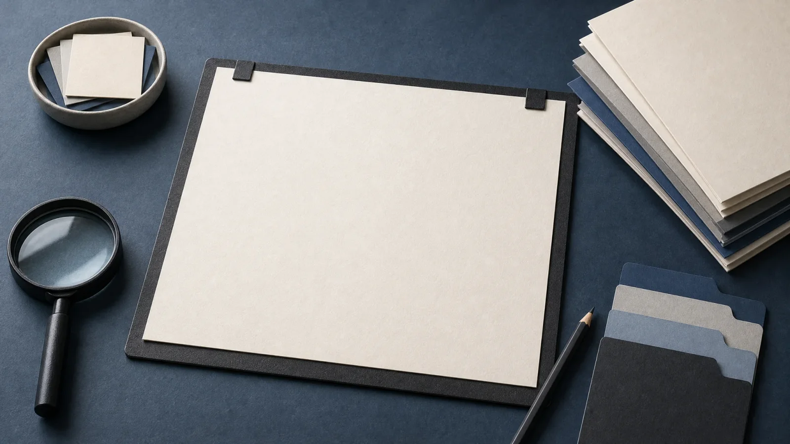Blank planning board, magnifying glass, and neatly arranged documents on an editorial workspace.