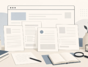 Abstract browser outline and unmarked document pages on a restrained blue-gray editorial desk.