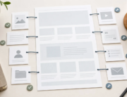 Website outline and connected blank content cards arranged on an editorial planning desk with subtle update markers.