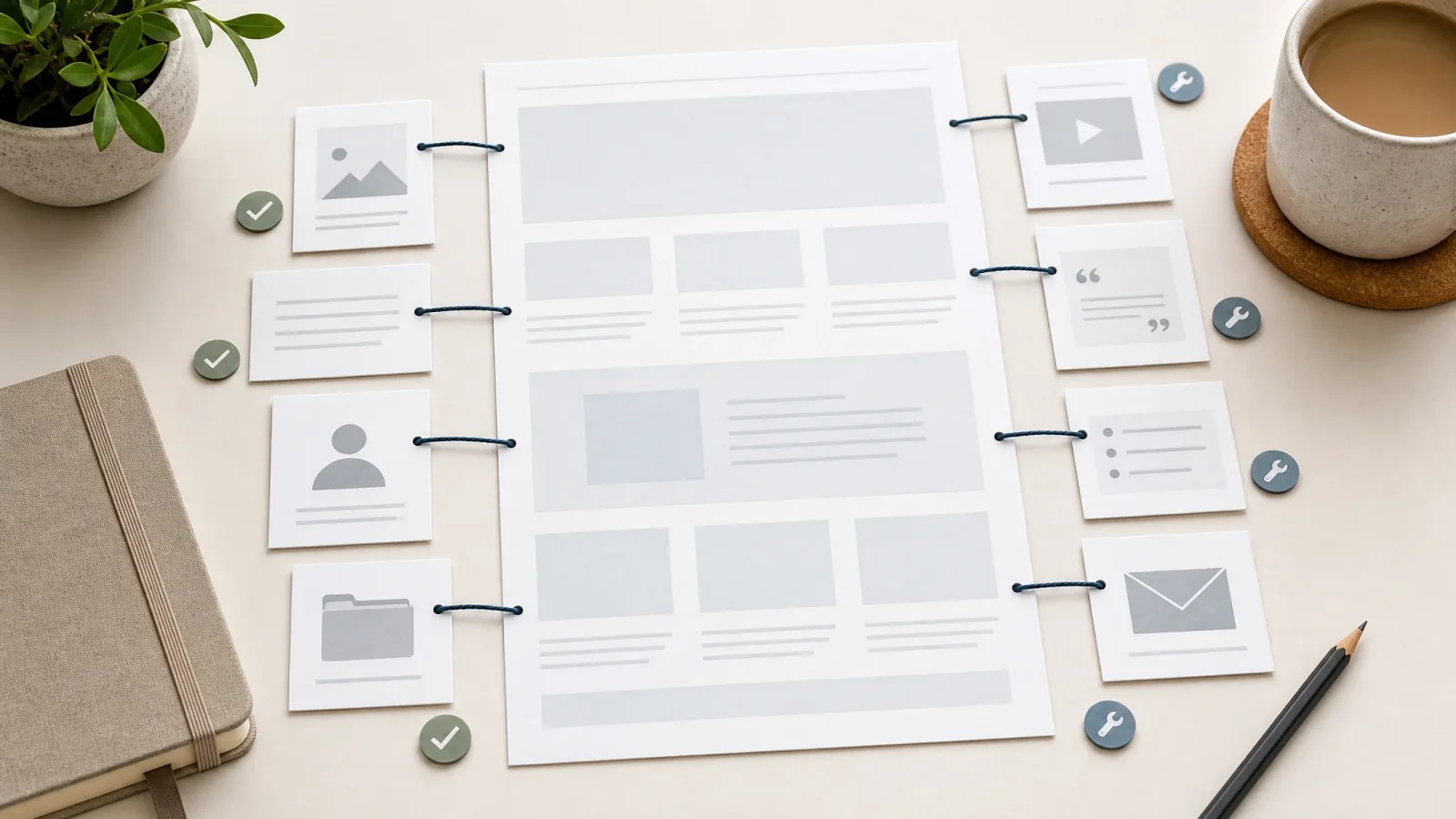 Website outline and connected blank content cards arranged on an editorial planning desk with subtle update markers.